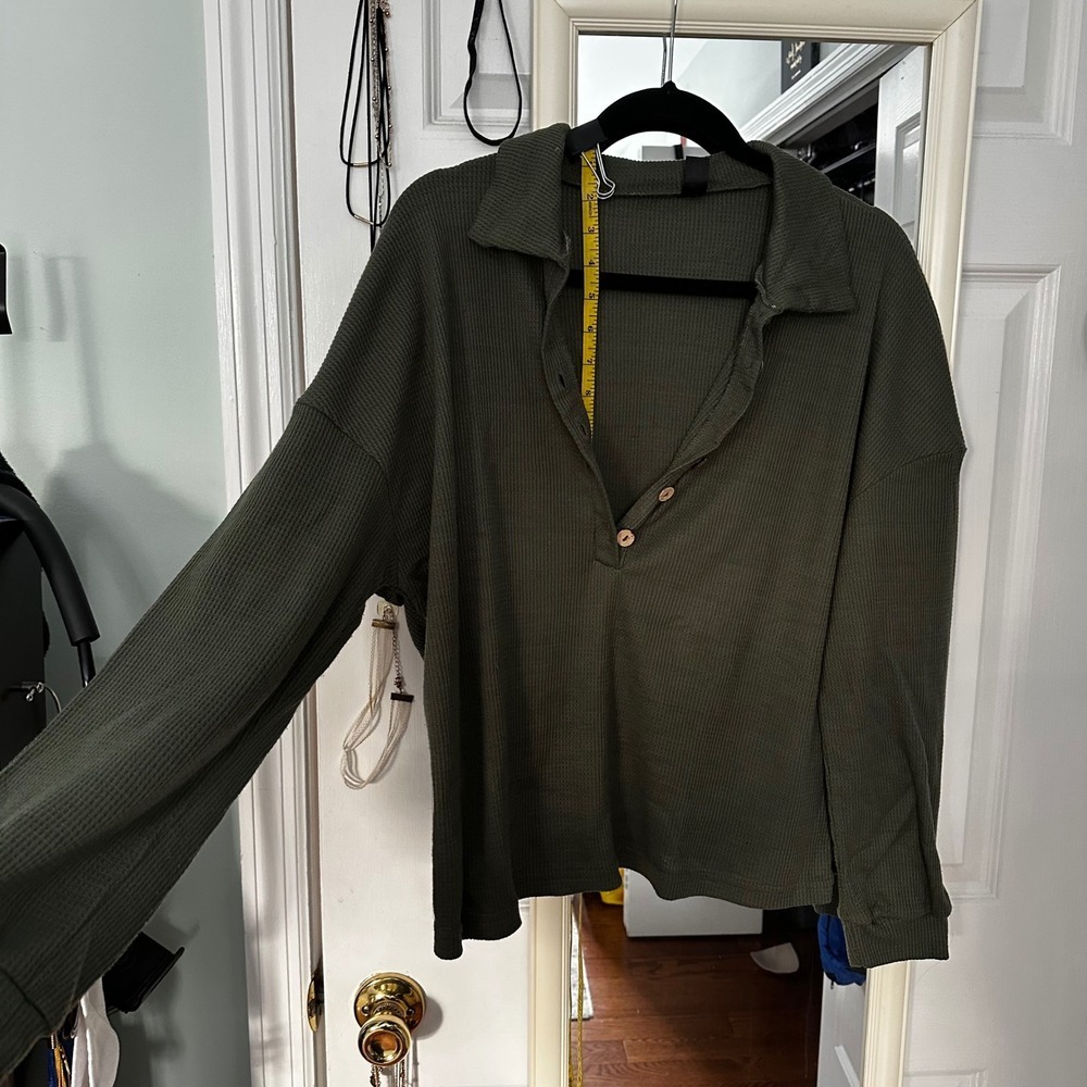 SHEIN Waffle Knit Collared Long Sleeve Button Up Top Olive Green Size Medium - Picture 10 of 11